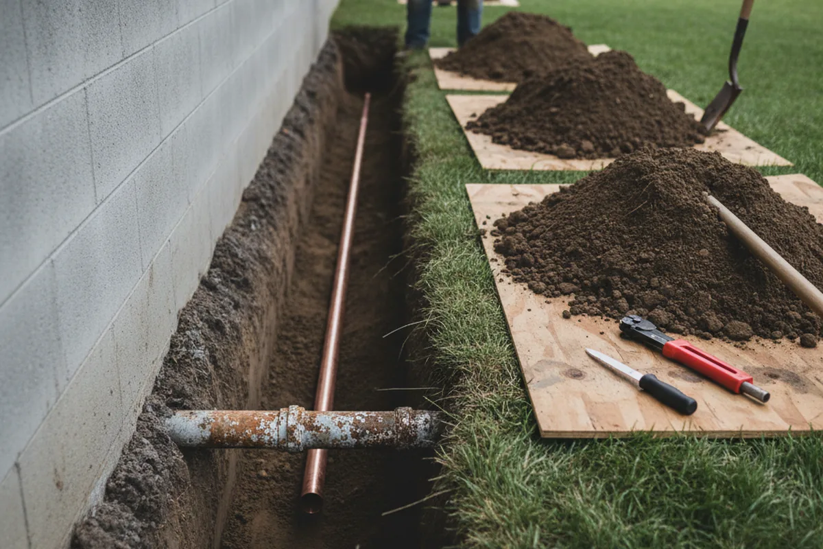 Excavated water line trench during Water Softener Installation in Noel